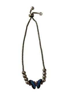 Vintage Butterfly Rhinestone Slider Bracelet Gunmetal Blue Purple Adjustable